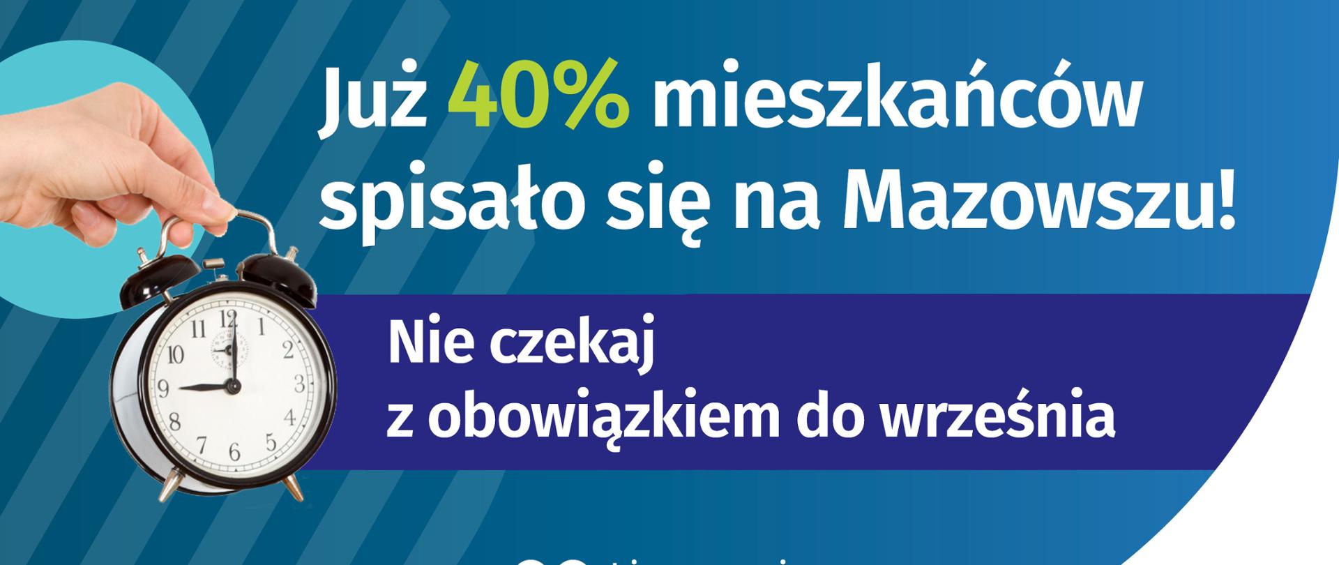 Na grafice jest napis: Już 40% mieszkańców spisało się na Mazowszu! Po lewej stronie jest zdjęcie dłoni na tle okręgu trzymającej budzik. Na wysokości budzika jest napis: Nie czekaj z obowiązkiem do września. Na dole grafiki są cztery małe koła ze znakami dodawania, odejmowania, mnożenia i dzielenia, obok nich napis: Liczymy się dla Polski! W prawym dolnym rogu jest logotyp spisu: dwa nachodzące na siebie pionowo koła, GUS, pionowa kreska, Narodowy Spis Powszechny Ludności i Mieszkań 2021.