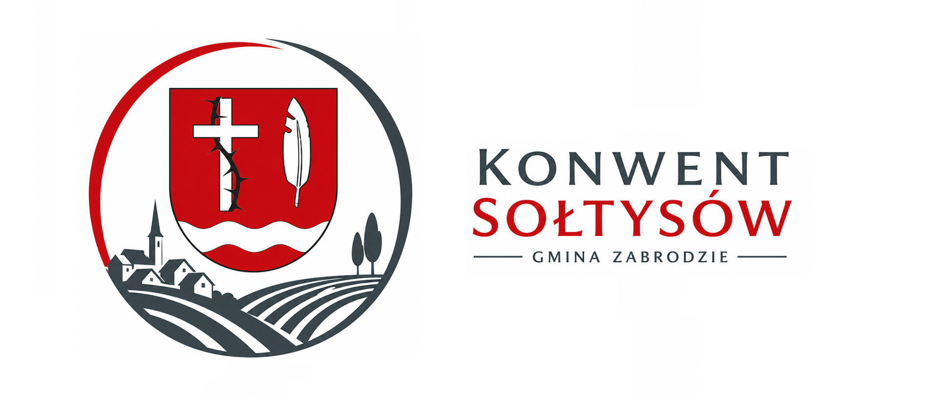 Czerwony herb z białym krzyżem z owiniętym wokół niego czarną gałązką z cierniami, obok białe pióro a pod nimi biała rzeka. Pod herbem grafika miasteczka i drzew przy polach. Konwent sołtysów, Gmina Zabrodzie