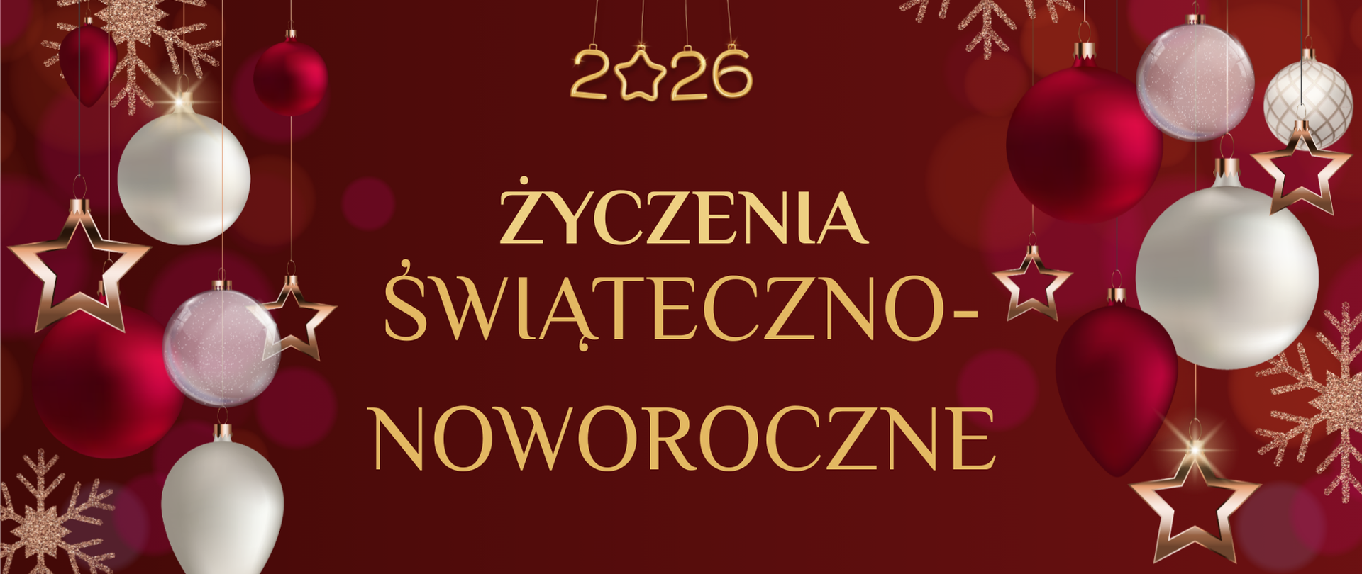 baner z biało czerwonymi ozdobami oraz złotym napisem 2026 życzenia świąteczno-noworoczne