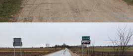 Kolaż zdjęć: U góry zdjęcie drogi przed przebudową: gruntowa, nierówna droga. U dołu: efekt prac- nawierzchnia z betonu asfaltowego, droga została wyprofilowana