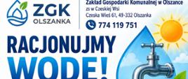 Plakat kampanii ZGK Olszanka "Racjonujmy wodę!" z zasadami oszczędzania wody podczas wysokich temperatur, dobrymi praktykami i zakazami.