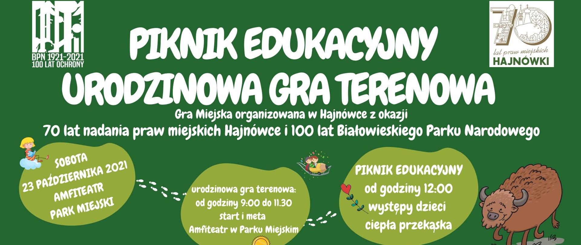 Piknik Edukacyjny - urodzinowa gra terenowa. Na zielonym tle opis programu, miejsce i termin imprezy