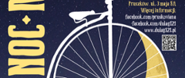 plakat informujący o nocy muzeów w Muzeum Dulag 121 w barwach granatowo-złotych, na dole plakatu bicykl i loga organizatorów 