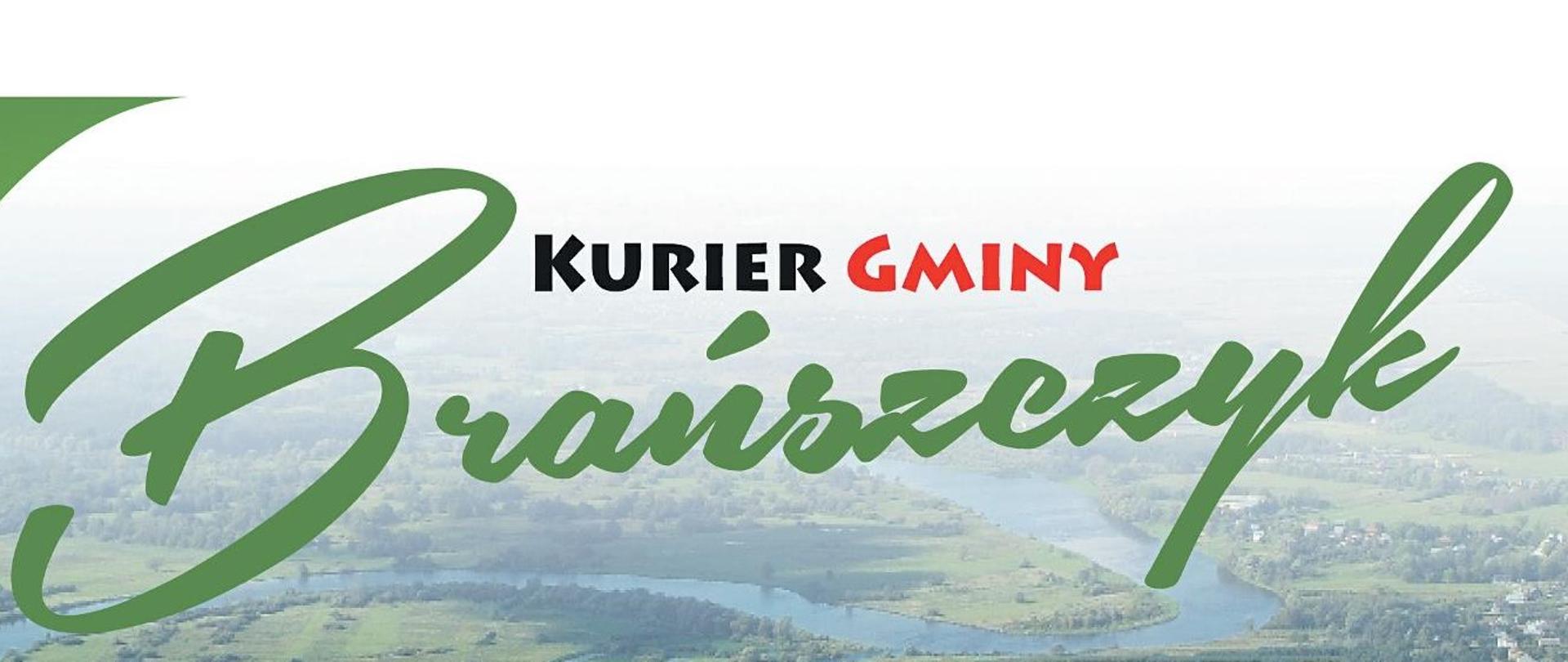 Kurier Gminy Brańszczyk, w tle zdjęcie rzeki Bug z lotu ptaka.