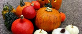 Pomarańczowe i białe dynie leżące na podłodze