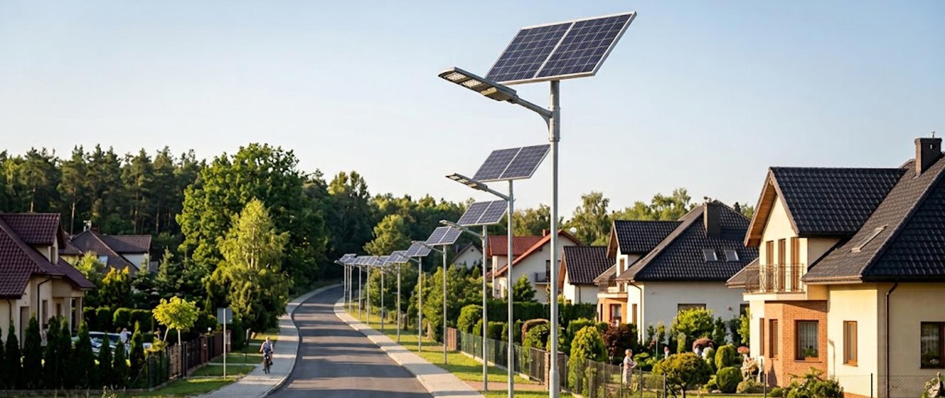 Lampy uliczne solarne przy drodze w tle domki jednorodzinne i las