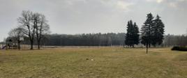 Boisko z naturalna nawierzchnią, po lewej stronie zdjęcia znajduje się plac zabaw, w tle znajduje się ogrodzenie i las.