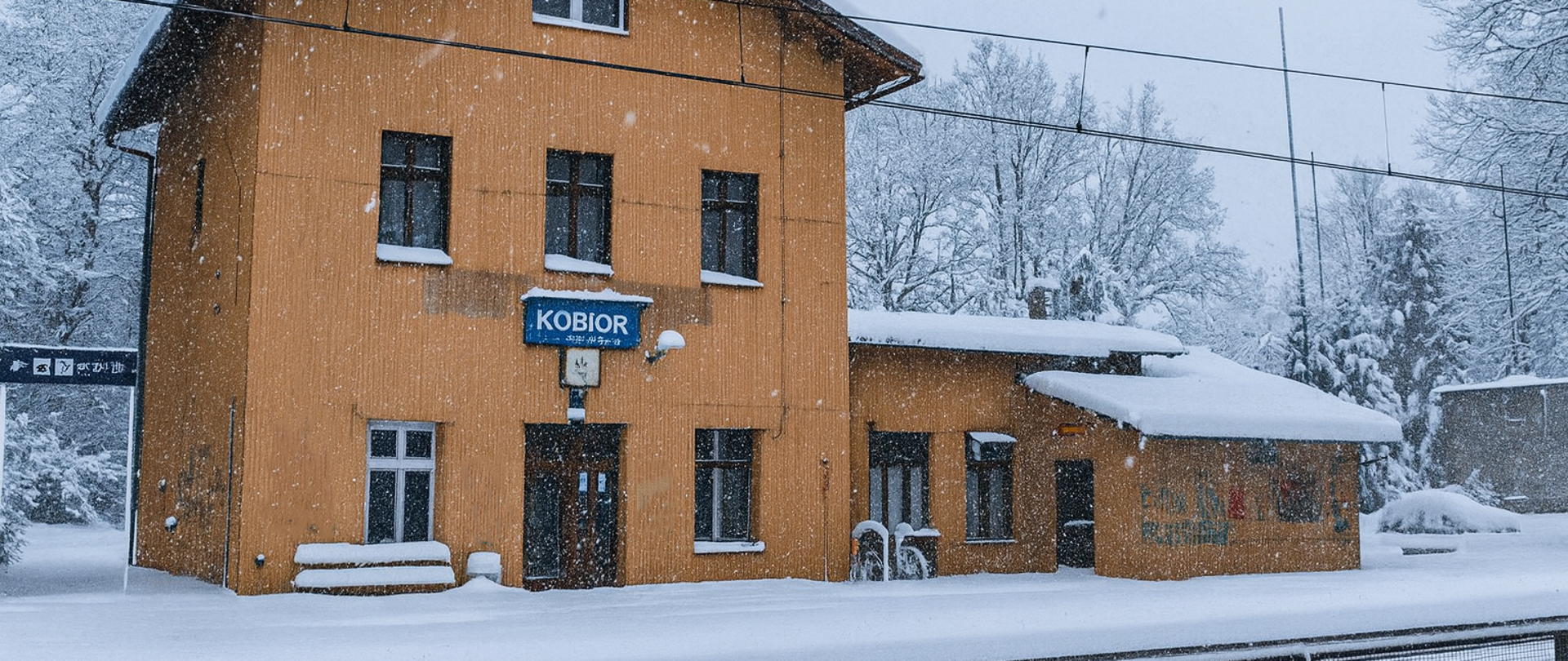 Żółty budynek dworca PKP z napisem Kobiór