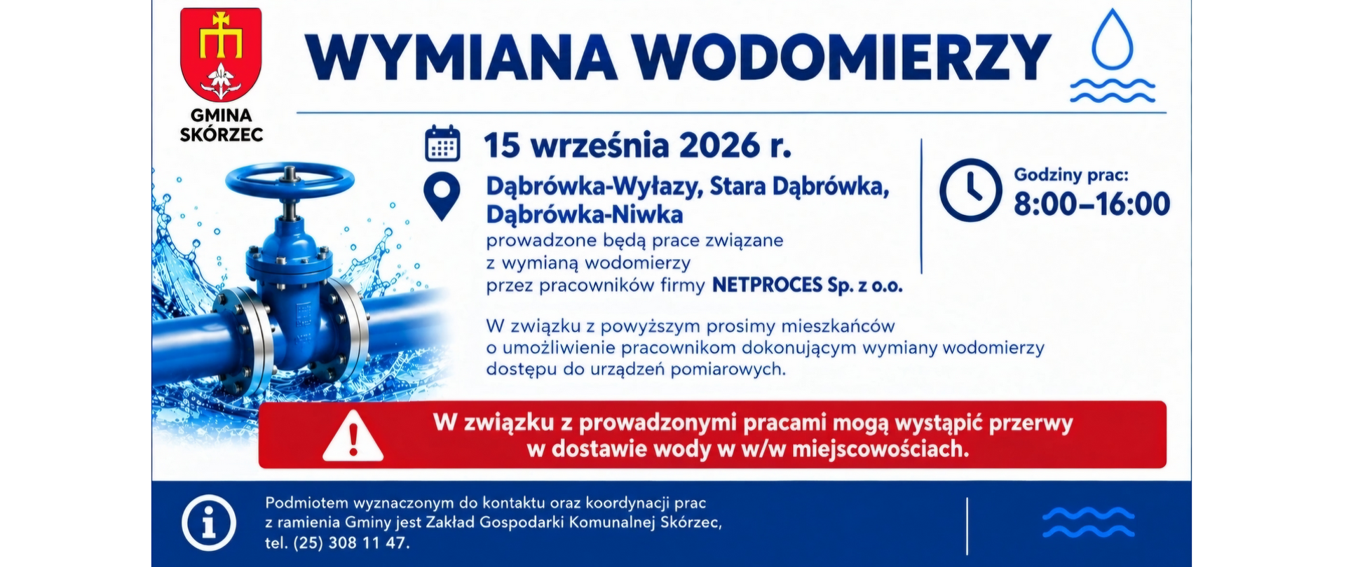 Wymiana wodomierzy Dąbrówka-Wyłazy, Stara Dąbrówka, Dąbrówka-Niwka 15 września 2026 r.