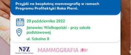 badania w mobilnej pracowni mammograficznej LUX MED 28 października 2022 Janowiec Wielkopolski - przy szkole podstawowej ul. Szkolna 8