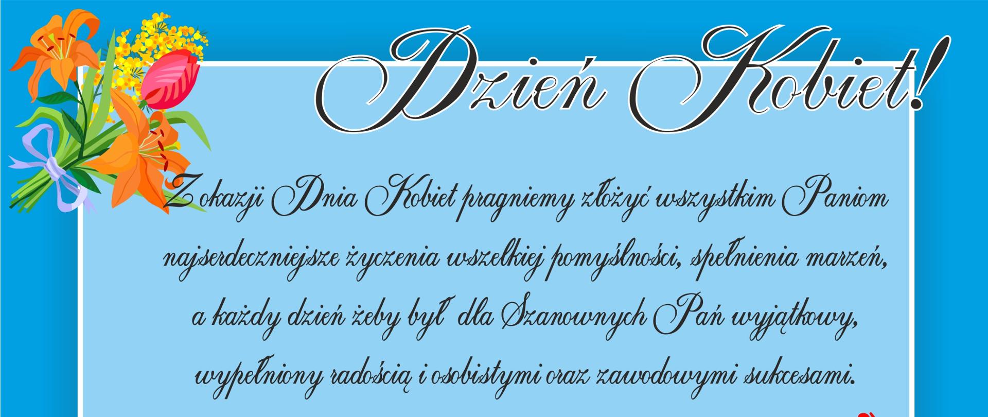 Dzień Kobiet w Powiecie Przasnyskim. Grafika przedstawia życzenia Starosty Krzysztofa Bieńkowskiego i Wicestarosty Waldemara Trochimiuka.