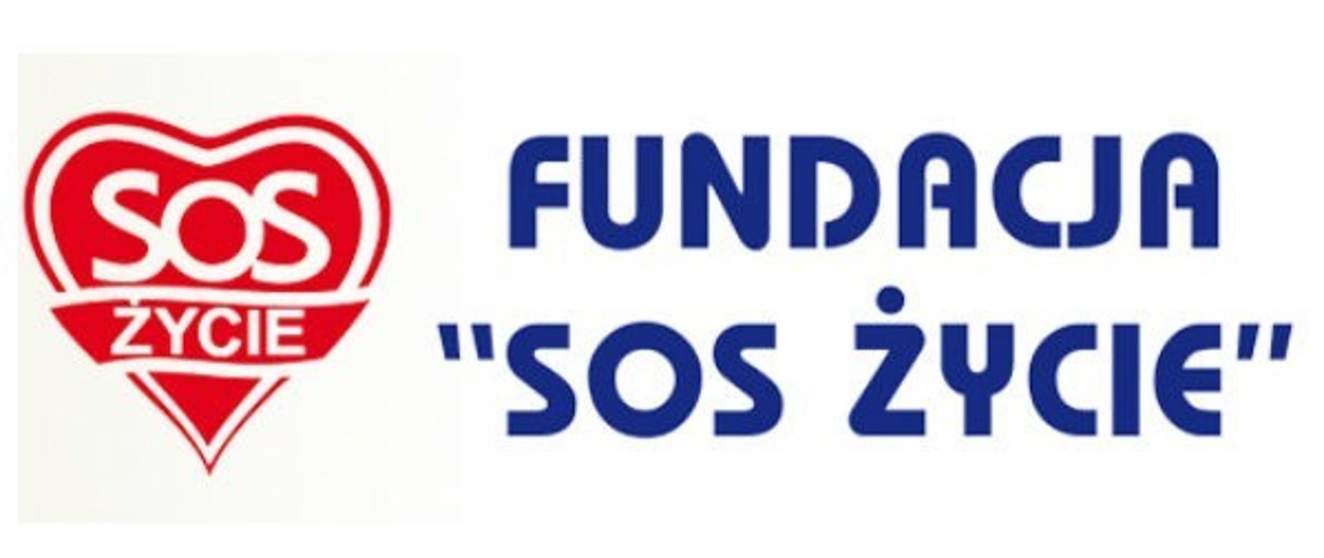 białe tło po lewej stronie serce czerwone z białym napisem SOS po prawej stronie granatowe litery fundacja sos życie 