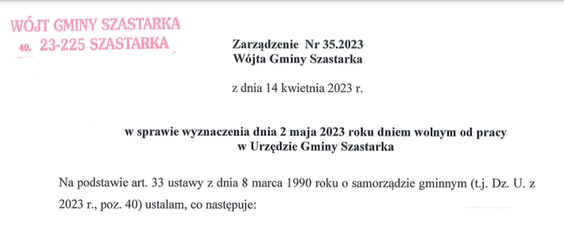 Zarządzenie ustanawiające 2 maja dniem wolnym dla pracowników Urzędu Gminy