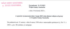Zarządzenie ustanawiające 2 maja dniem wolnym dla pracowników Urzędu Gminy
