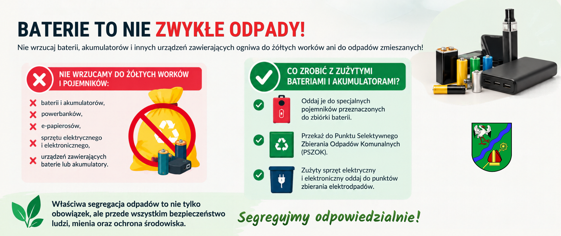 Grafika edukacyjno-informacyjna na jasnym tle pod tytułem „Baterie to nie zwykłe odpady!” z podtytułem „Nie wrzucaj baterii, akumulatorów i innych urządzeń zawierających ogniwa do żółtych worków ani do odpadów zmieszanych!”. Po lewej stronie znajduje się sekcja oznaczona czerwonym krzyżykiem z nagłówkiem „Nie wrzucamy do żółtych worków i pojemników:” oraz listą elementów zaznaczonych czerwonymi ikonicznymi krzyżykami: baterii i akumulatorów, powerbanków, e-papierosów, sprzętu elektrycznego i elektronicznego oraz urządzeń zawierających baterie lub akumulatory. Obok listy widnieje ilustracja żółtego worka przekreślonego czerwonym znakiem zakazu, przy którym leżą baterie i powerbank. W środkowej części umieszczono sekcję oznaczoną zielonym ptaszkiem z nagłówkiem „Co zrobić z zużytymi bateriami i akumulatorami?” oraz trzy zalecenia oznaczone zielonymi ikonicznymi ptaszkami: „Oddaj je do specjalnych pojemników przeznaczonych do zbiórki baterii”, „Przekaż do Punktu Selektywnego Zbierania Odpadów Komunalnych (PSZOK)” oraz „Zużyty sprzęt elektryczny i elektroniczny oddaj do punktów zbierania elektroodpadów”. Po prawej stronie widoczne jest zdjęcie przedstawiające baterie, akumulatory, powerbank i e-papierosa, a pod nim herb gminy Brańszczyk. W dolnej części grafiki znajduje się ikona z zielonymi liśćmi, tekst „Właściwa segregacja odpadów to nie tylko obowiązek, ale przede wszystkim bezpieczeństwo ludzi, mienia oraz ochrona środowiska.” oraz zielone hasło „Segregujmy odpowiedzialnie!”.