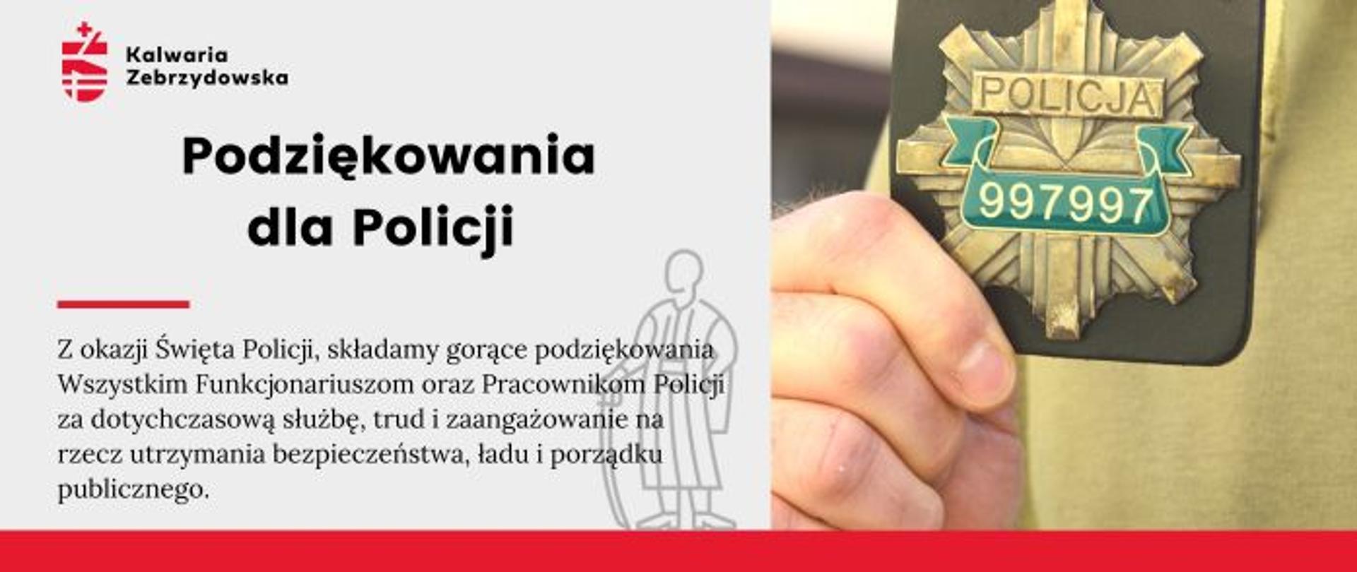 Plansza informacyjna, po lewej tekst, po prawej odznaka policyjna w ręku. 