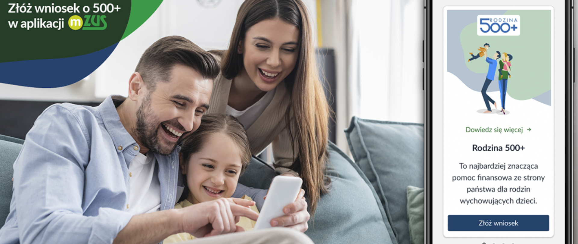 Zdjęcie przestawiające rodzinę (kobieta, mężczyzna i dziecko) skupieni nad smartfonem