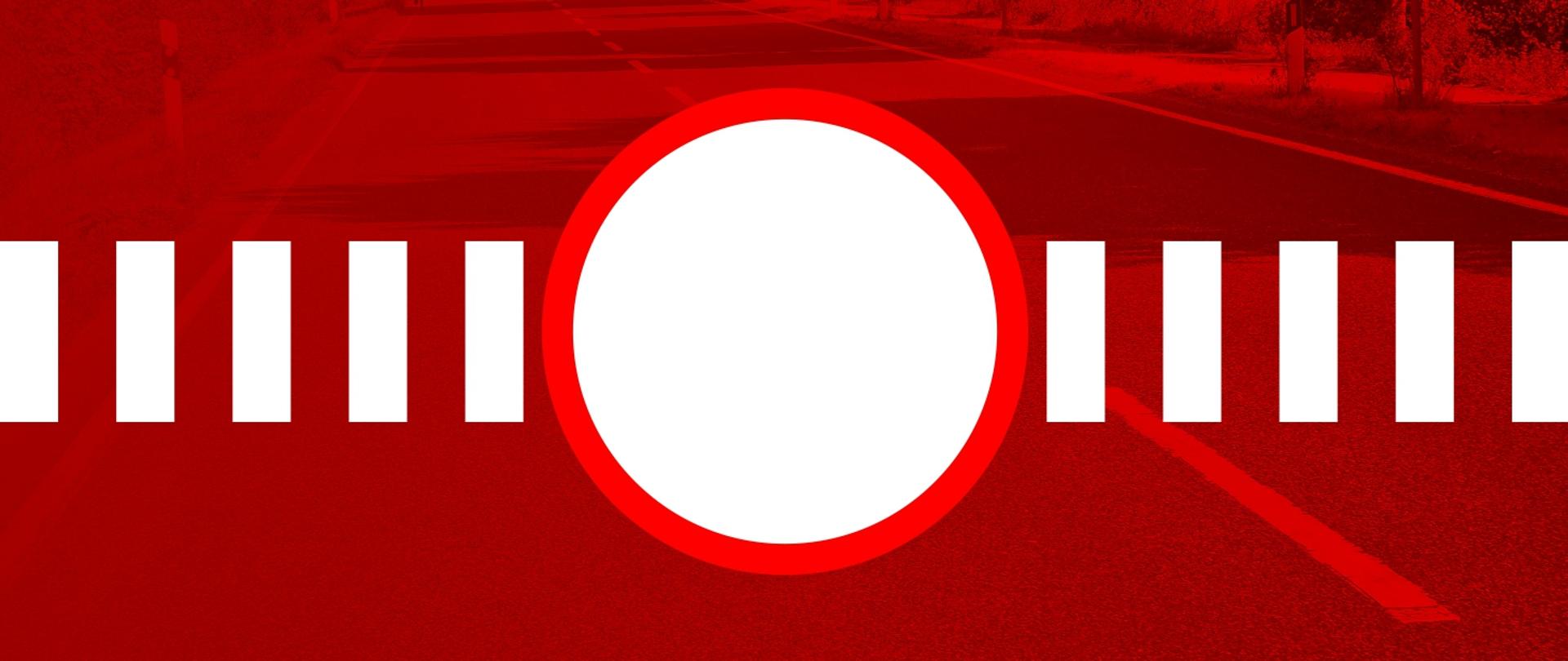 Grafika przedstawia znak zakazu wjazdu (białe koło z czerwoną krawędzią) znajdującego się na biało czerwonym szlabanie. Tło w odcieniach czerwieni stanowi grafika drogi asfaltowej.