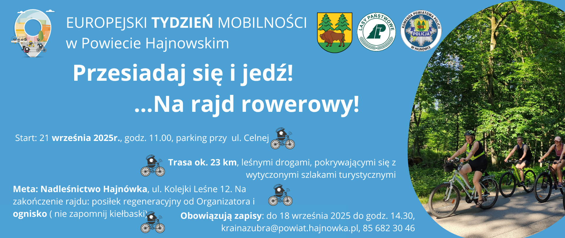 Przesiadaj się i jedź - na rajd rowerowy. Na plakacie umieszczono zdjęcie uczestników rajdu rowerowego, logo organizatorów i informacje organizacyjne, zawarte w artykule