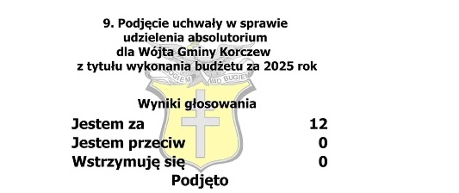 napis: Podjęcie uchwały w sprawie udzielenia absolutorium dla Wójta gminy Korczew z tytułu wykonania budżetu za 2025 rok. w tle logo Gminy