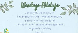 Na niebieskim tle, umieszczono życzenia oraz kolorowe pisanki