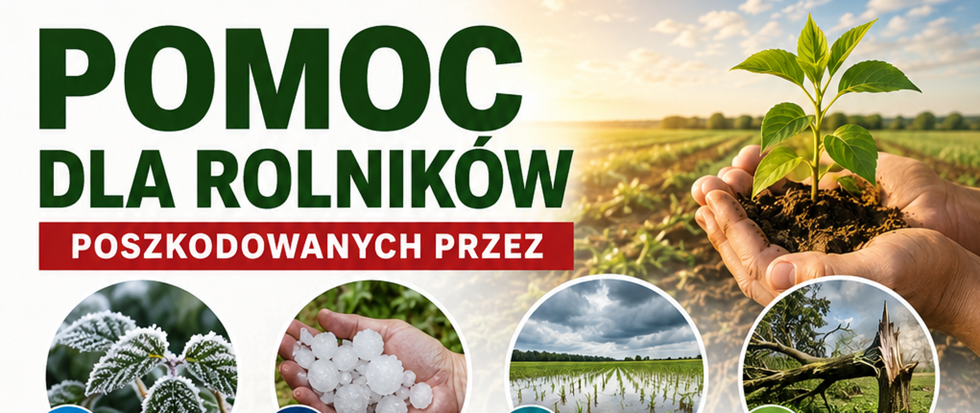 Plakat informuje o pomocy dla rolników poszkodowanych przez niekorzystne zjawiska pogodowe, takie jak przymrozki wiosenne, grad, deszcz nawalny i huragan. Grafika przedstawia młodą roślinę trzymaną w dłoniach na tle pola uprawnego oraz ilustracje symbolizujące poszczególne zagrożenia.