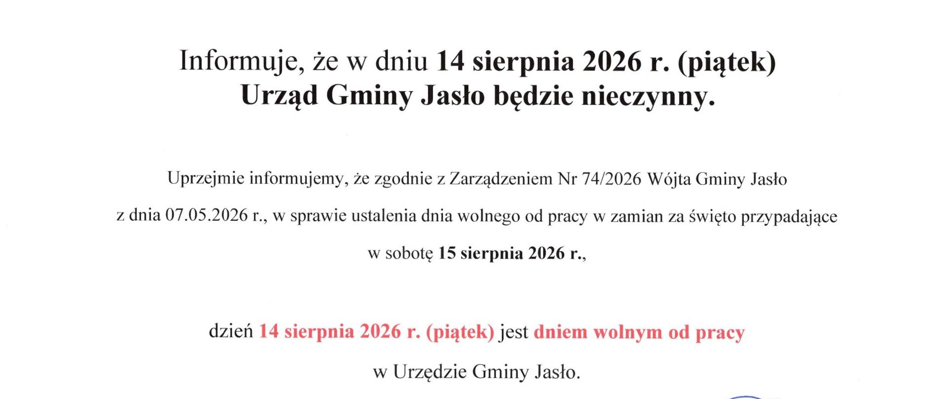 informacja o dniu wolny