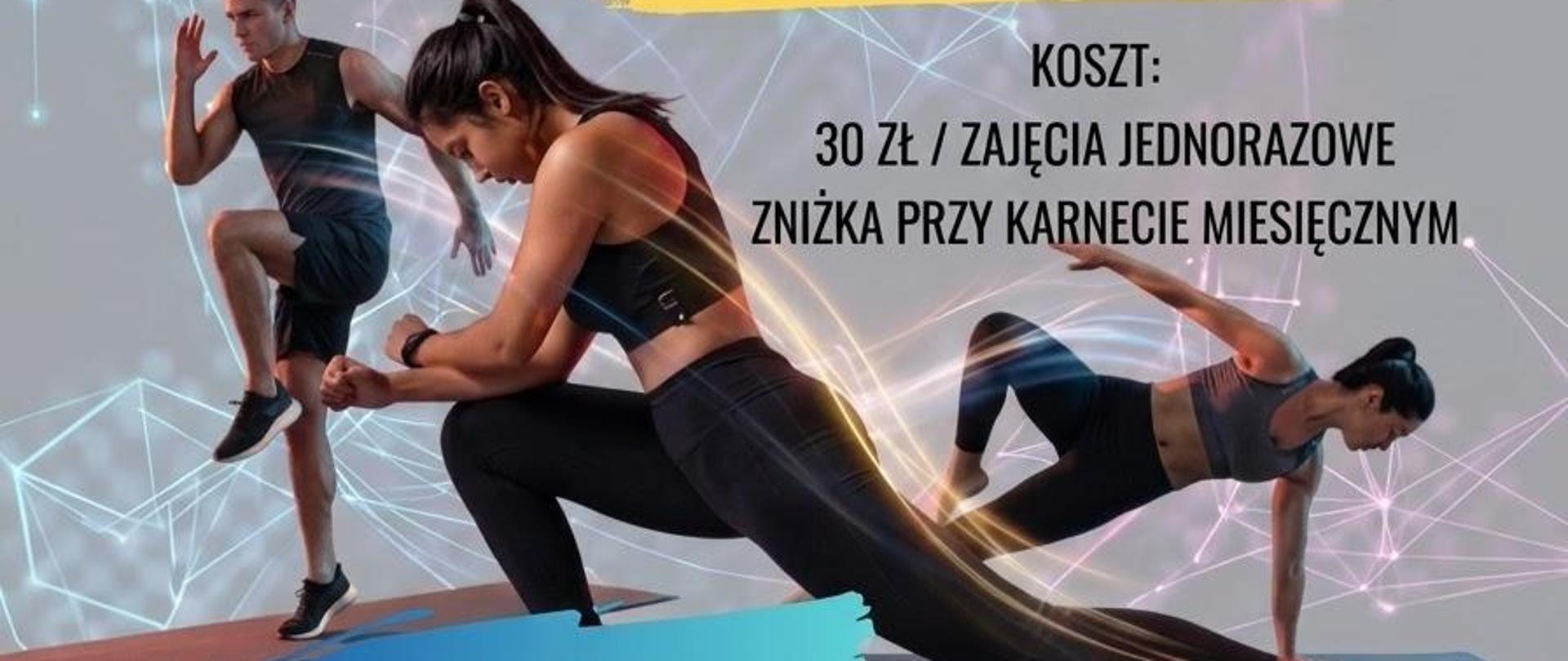 Plakat „Zajęcia fitness" na szarym tle z jasnymi, świecącymi liniami geometrycznymi. Zdjęcie trojga ćwiczących osób w strojach sportowych na matach: mężczyzny w wykroku z uniesionym kolanem oraz dwóch kobiet w pozycjach rozciągających. Terminy: poniedziałek 20:00–21:00 fitness; środa 19:00–20:00 tabata; środa 20:00–21:00 zdrowy kręgosłup. Początek zajęć: 14.09.2026 r. Koszt: 30 zł za zajęcia jednorazowe, zniżka przy karnecie miesięcznym. Instruktor: Agata Teodorczyk-Koźlik. Miejsce: Gminne Centrum Kultury i Czytelnictwa w Zabrodziu.