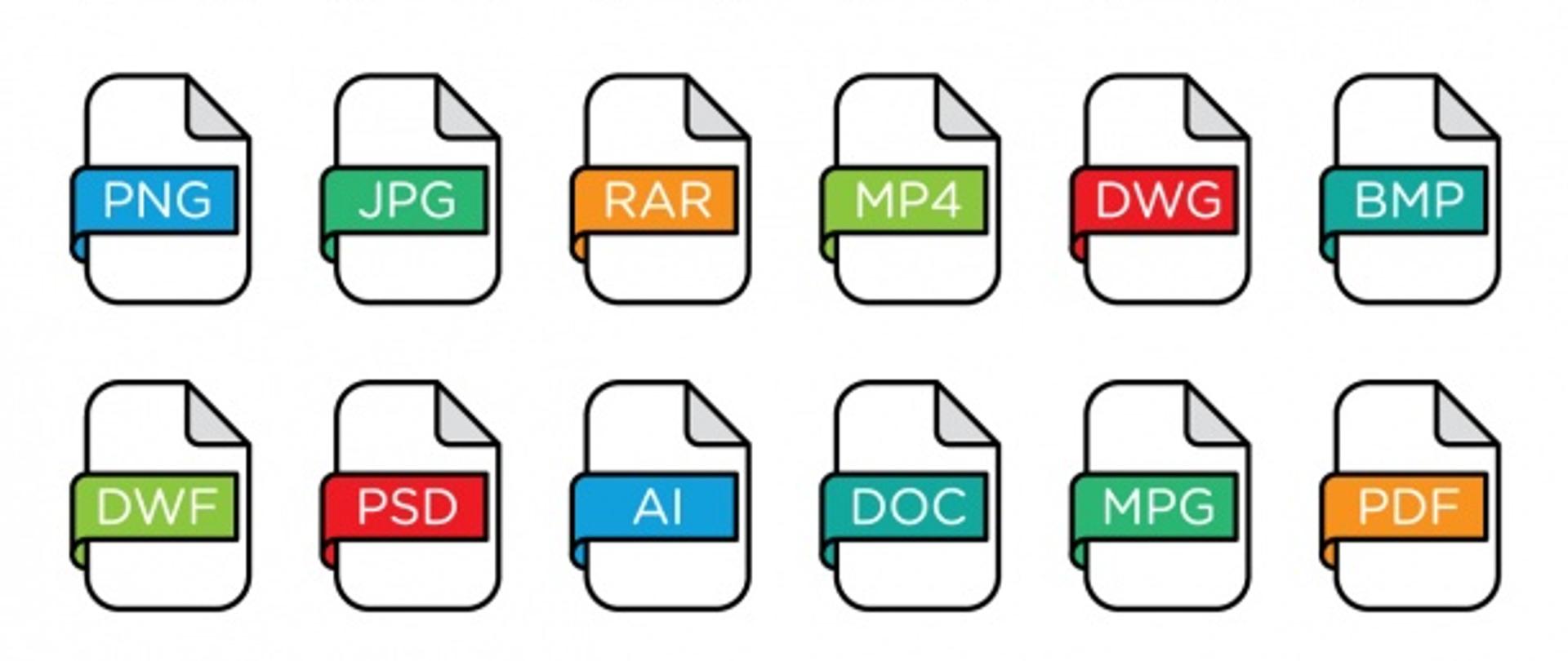Zdjęcie przedstawia ikony plików różnych formatów