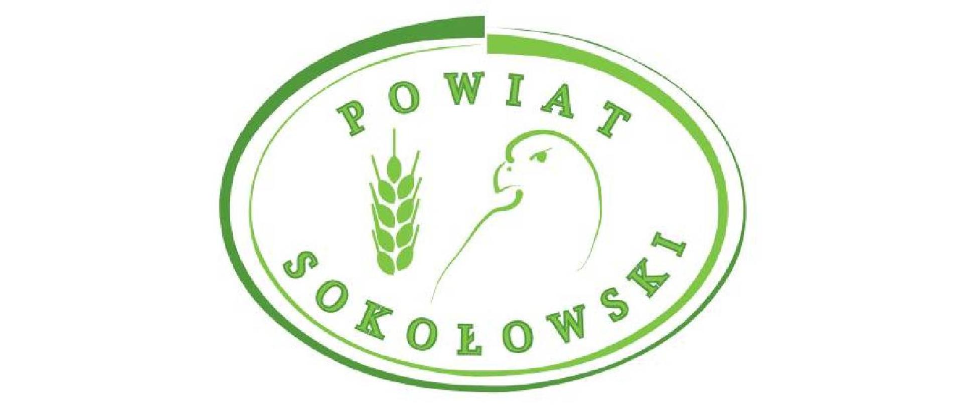 Logo Powiatu Sokołowskiego przedstawia na środku z profilu i zwróconego w lewo (na zachód) oraz kłosa – symbolu rolniczego charakteru regionu o 9 ziarnach symbolizujących 9 jednostek samorządowych powiatu. Okala go napis Powiat Sokołowski.