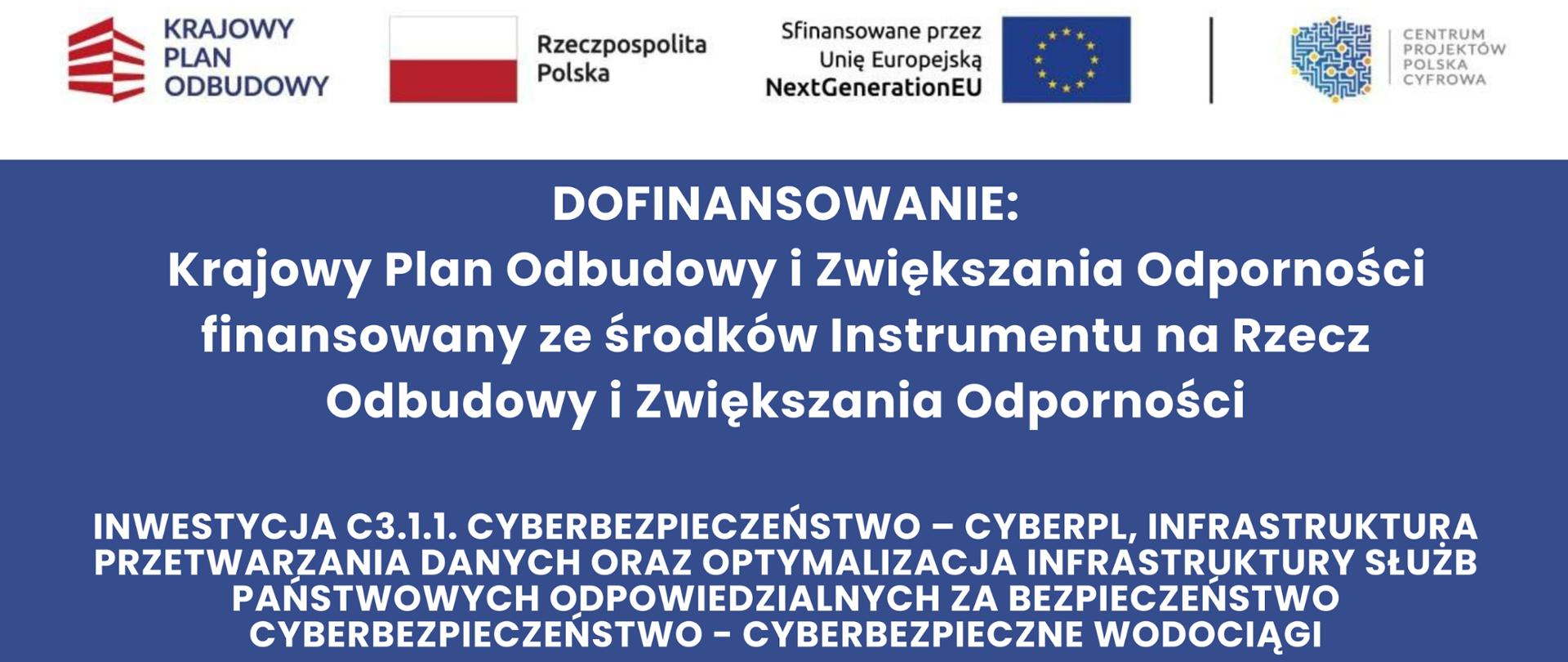 Grafika informacyjna o dofinansowaniu z Krajowego Planu Odbudowy i Zwiększania Odporności, finansowanego przez Unię Europejską (NextGenerationEU). Dotyczy inwestycji C3.1.1 „Cyberbezpieczeństwo – CyberPL”, związanej z infrastrukturą przetwarzania danych i optymalizacją infrastruktury służb państwowych. Projekt „Cyberbezpieczne Wodociągi” (nr KPOD.05.10-CW.01-001/25) otrzymał dofinansowanie w wysokości 607 425,00 zł, przy planowanych wydatkach ogółem 740 480,00 zł. Data podpisania umowy: 16 kwietnia 2026 roku.