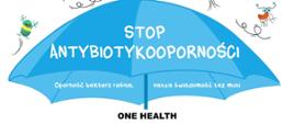 grafika niebieskiej parasolki białe litery stop antybiotykoterapii 