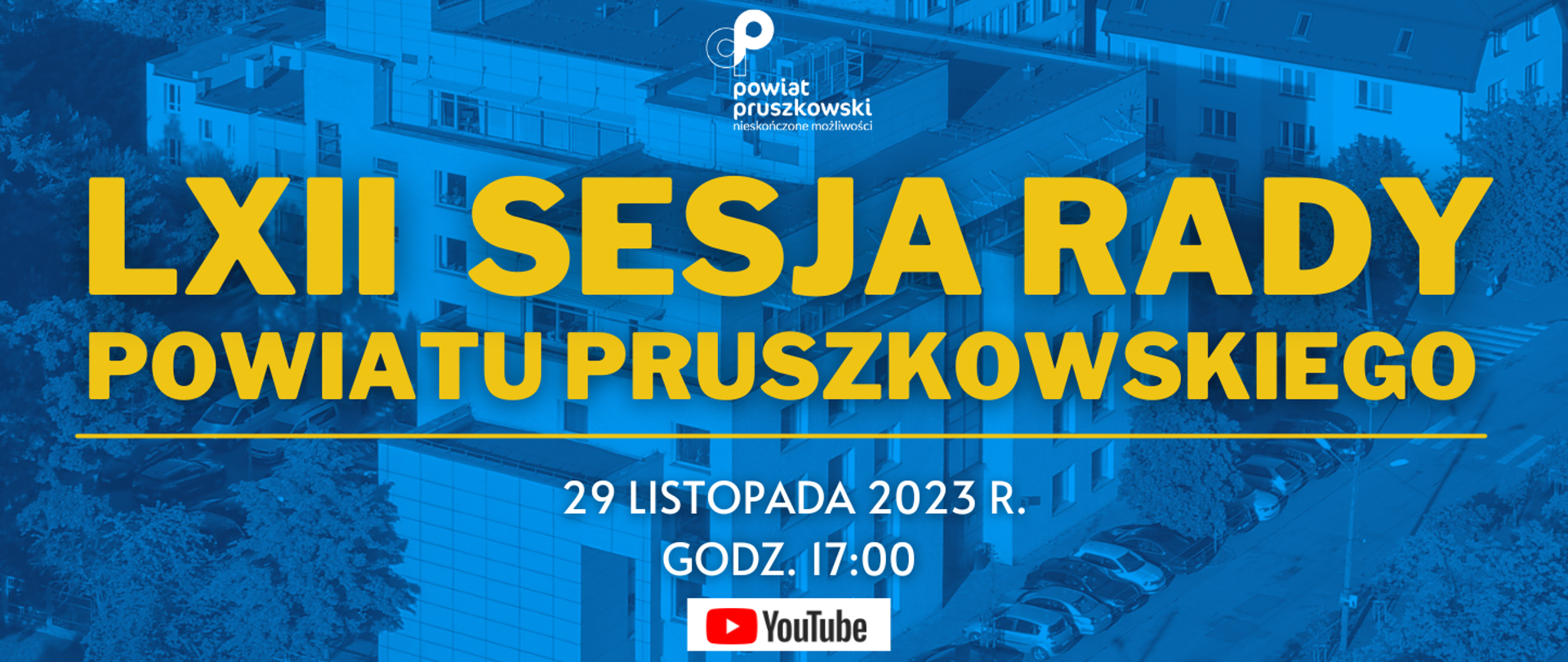 grafika informująca o LXII Sesji Rady Powiatu Pruszkowskiego, która odbędzie się 29 listopada o godz. 17:00