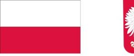 Flaga i herb Polski na białym tle.