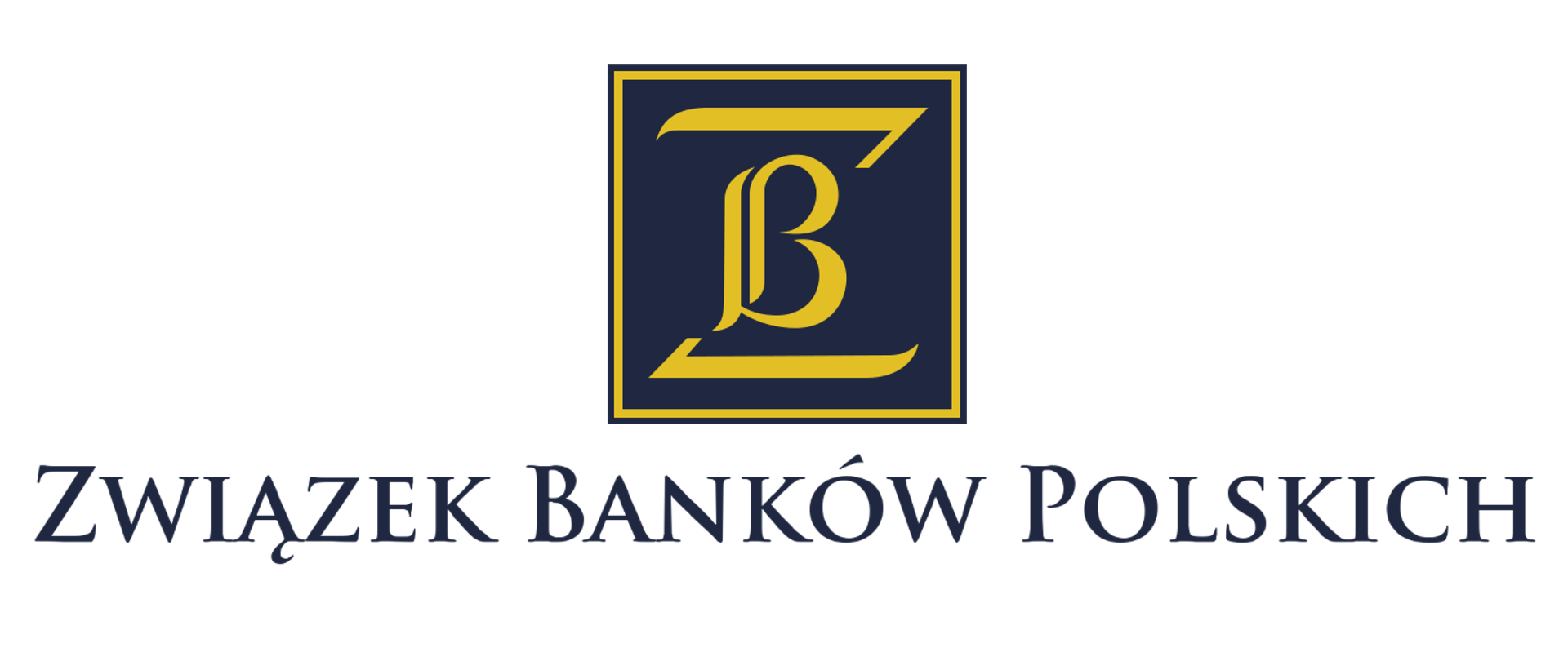 Logo przedstawia logotyp litera B wewnątrz litery Z. Obie litery znajdują się w kwadratowym obramowaniu w kolorze złotym, na granatowym tle. Poniżej napis Związek Banków Polskich.