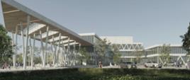Zdjęcie przedstawia wizualizację budynku oraz dworca autobusowego