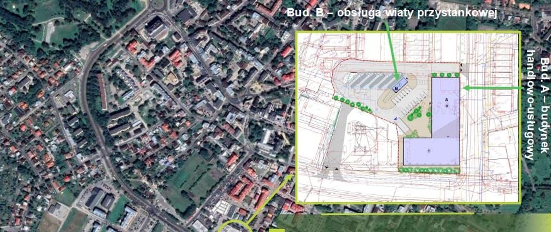 Na zdjęciu widok z góry na satelitarne zdjęcie miasta Chełm. W prawym górnym rogu projekt techniczny planu zagospodarowania dworca PKS w Chełmie.