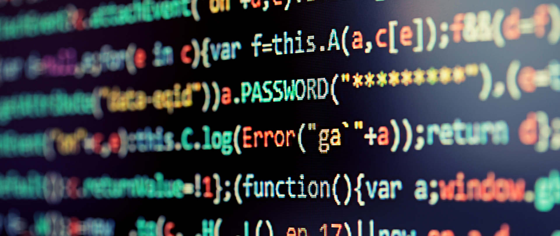 "Kolorowe napisy na czarnym tle. Kod komputerowy. Wśród słów: password, error, log, function, window"