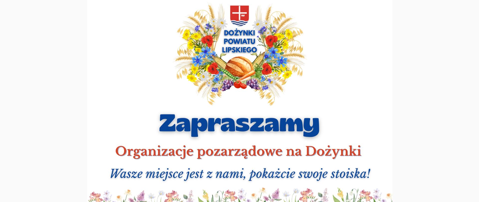 Baner na dożynki z zaproszeniem dla organizacji pozarządowych w organizację wydarzenia.