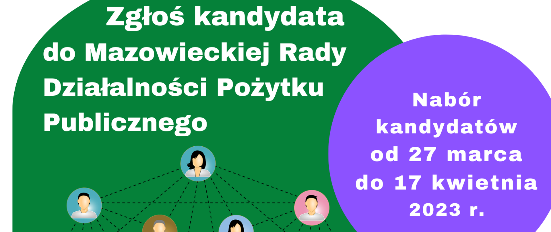 na zielonym tle grafiki ludzkich twarzy i napis: Zgłoś kandydata do Mazowieckiej Rady Działalności Pożytku Publicznego, nabór kandydatów od 27 marca do 17 kwietnia 2023 r.