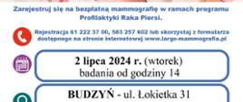 Plakat informujący o bezpłatnych badaniach mammograficznych w dniu 02.07.2024 roku przy GOK Budzyń