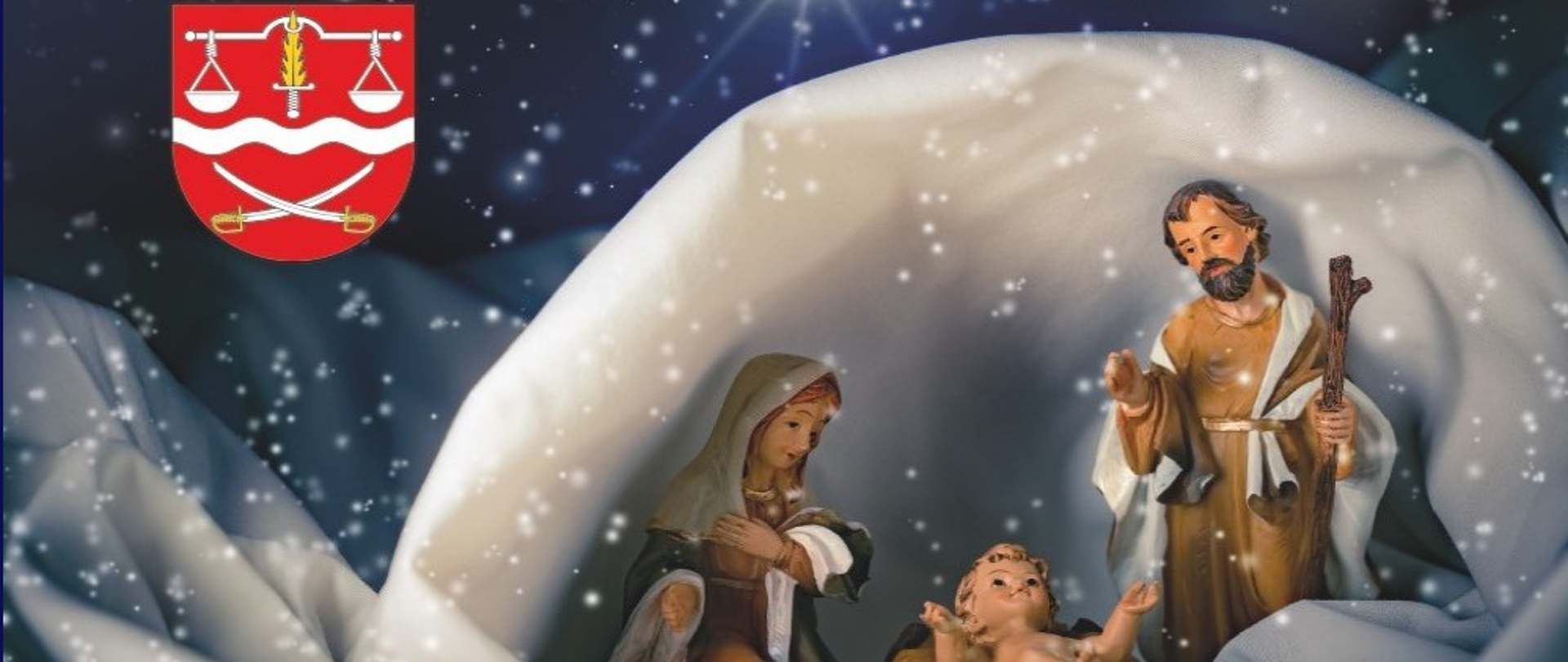 Grafika przedstawia zdjęcie figurek małego Jezusa w żłóbku, pochylonej nad nim Maryi oraz stojącego świętego Józefa w zaśnieżonej grocie. Nad nimi granatowe niebo i gwiazda. W lewym górnym rogu zdjęcia herb Powiatu Siedleckiego. Pod zdjęciem życzenia: Święta Bożego Narodzenia to wyjątkowy czas radości z przyjścia na świat dzieciątka Jezus. Niech dla wszystkich Państwa będą to dni pełne miłości, rodzinnego ciepła, zrozumienia, wspólnego świętowania i atmosfery bliskości. Niech Nowy Rok każdego dnia przynosi same dobre chwile i pozwala na realizację prywatnych oraz zawodowych planów życzą Marek Gorzała Przewodniczący Rady Powiatu w Siedlcach, Małgorzata Cepek Wicestarosta Siedlecki, Karol Tchórzewski Starosta Siedlecki