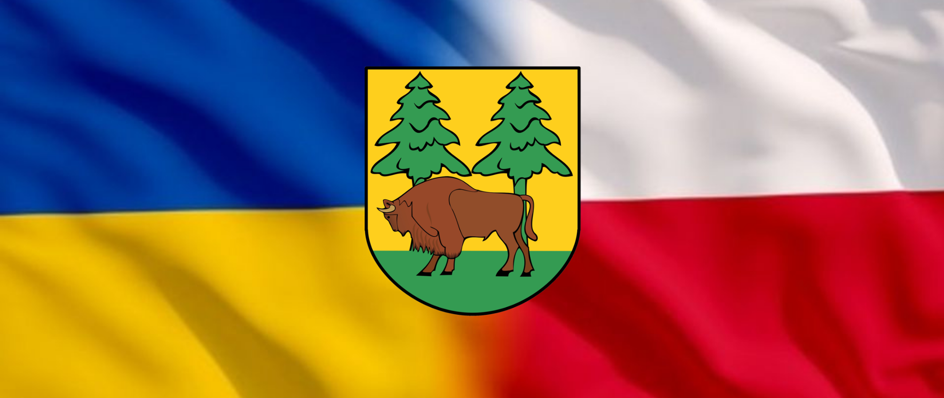 Herb powiatu (na żółtym tle żubr i dwa świerki) na tle flag Polski i Ukrainy