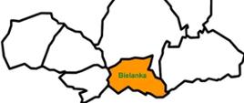 Zdjęcie przedstawia zarys gminy Raba Wyżna z zaznaczonym na kolor pomarańczowy sołectwem Bielanka