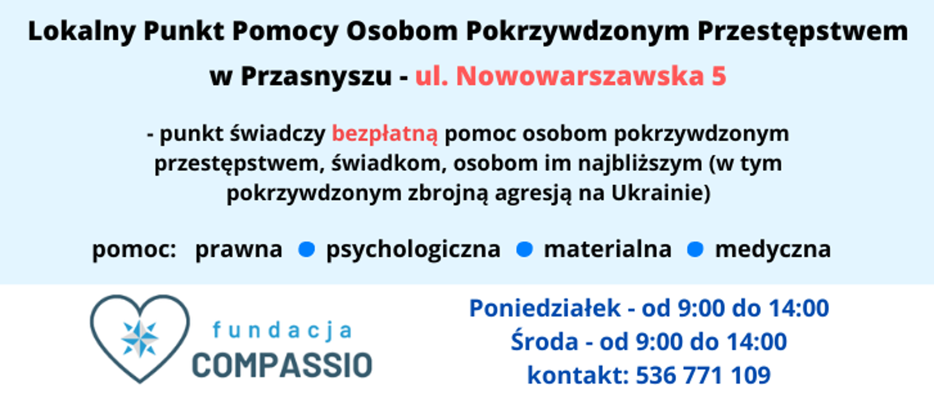 Grafika promująca treść wpisu o otwarciu w Przasnyszu Lokalnego Punktu Pomocy Osobom Pokrzywdzonym Przestępstwem fundacji Compassio,