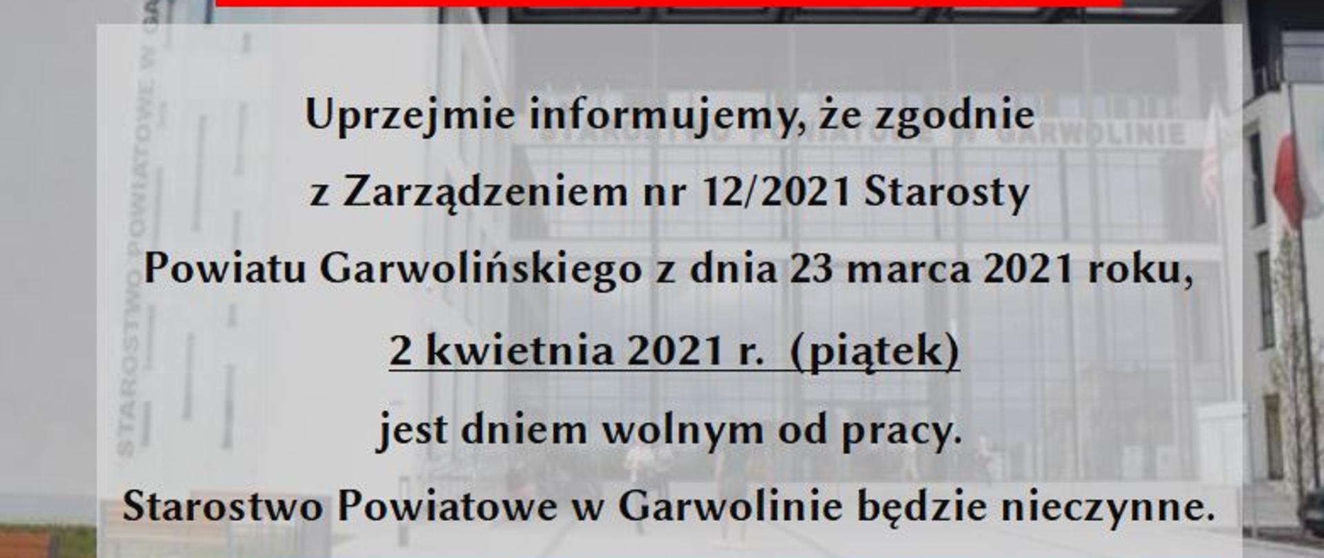 Informacja o dniu wolnym od pracy w Starostwie