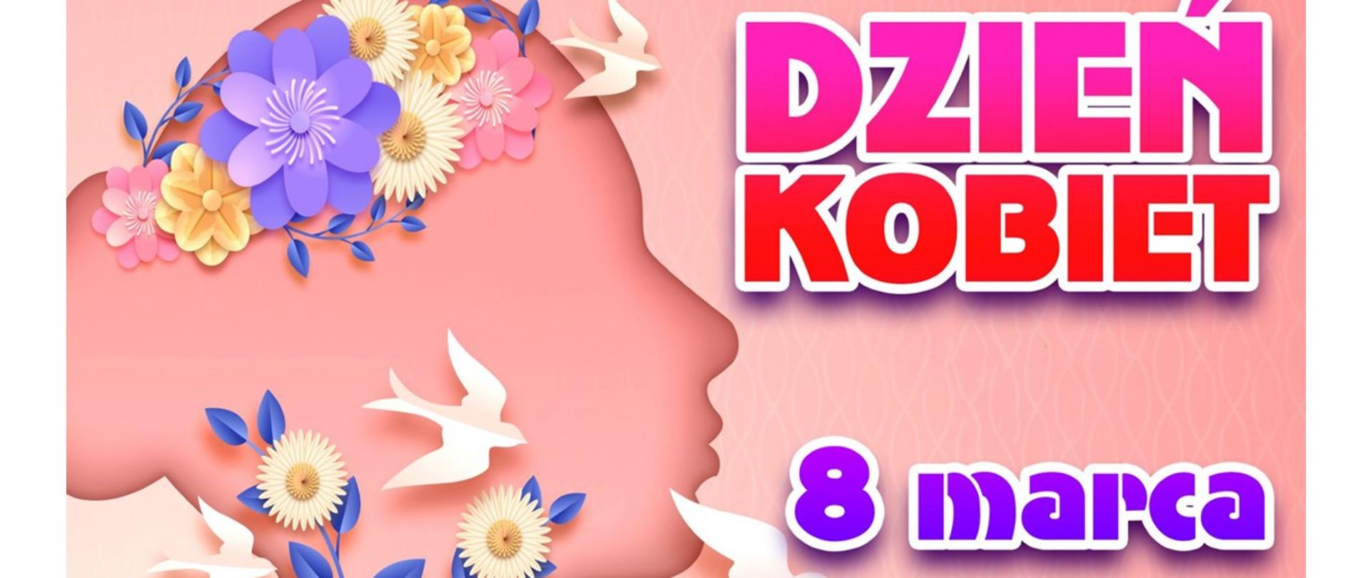 różowe tło z lewej strony grafika głowy kobiety w kwiatach i jaskółkach z prawej strony kolorowymi literami zaproszenie na dzień kobiet do ośrodka kultury 