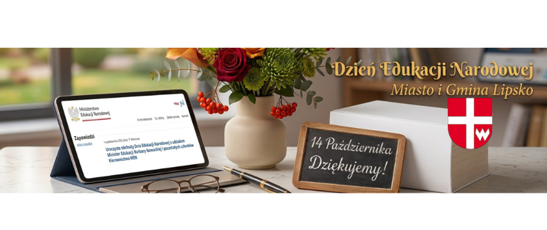 Grafika z okazji Dnia Edukacji Narodowej. Na biurku znajduje się tablet z informacją ze strony Ministerstwa Edukacji Narodowej dotyczącą uroczystych obchodów Dnia Edukacji Narodowej z udziałem minister Barbary Nowackiej i kierownictwa MEN. Obok widoczne są kwiaty, okulary, pióro, książki oraz tabliczka z napisem „14 Października – Dziękujemy!”. Po prawej stronie umieszczono napis „Dzień Edukacji Narodowej – Miasto i Gmina Lipsko” oraz herb miasta.