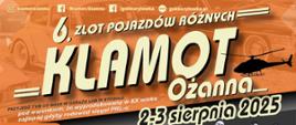 pomarańczowe tło jasne litery 6. zlot pojazdów różnych KLAMOT Ożanna 