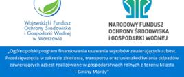 Ogólnopolski program finansowania usuwania wyrobów zawierających azbest. Przedsięwzięcia w zakresie zbierania, transportu oraz unieszkodliwiania odpadów zawierających azbest realizowane w gospodarstwach rolnych z terenu Miasta i Gminy Mordy dofinansowano ze środków Wojewódzkiego Funduszu Ochrony Środowiska i Gospodarki Wodnej w Warszawie oraz Narodowego Funduszu Ochrony Środowiska